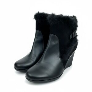 Aquatalia Black Suede & Leather Rabbit-Fur Wedge Booties – Size 10 Side Zip